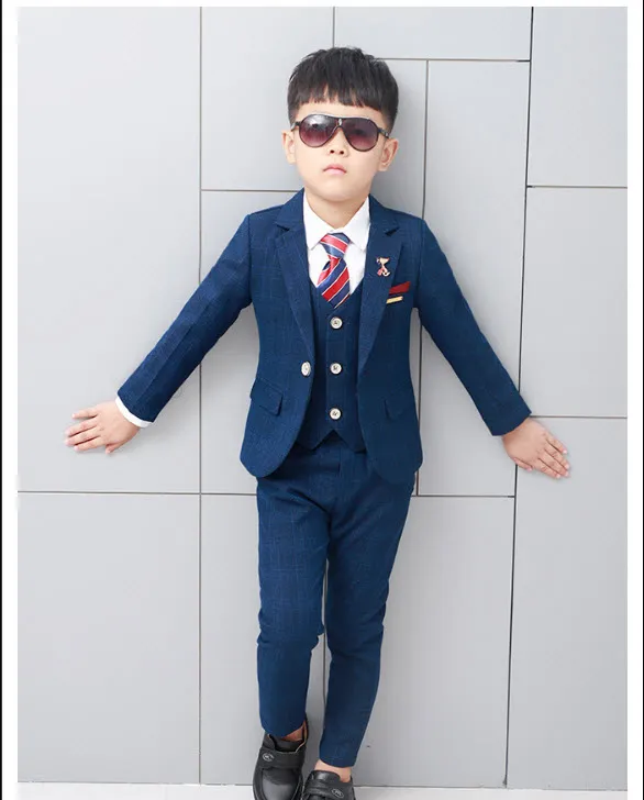 Bộ Vest 3 món Bé Trai Caro Nhỏ Xanh Đậm