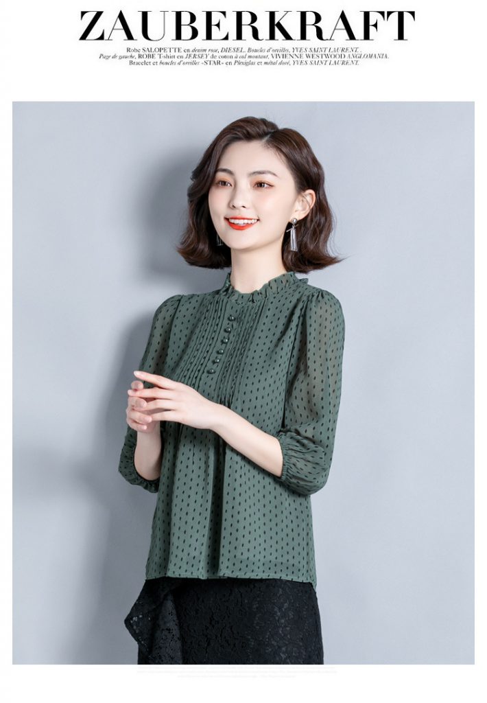 Áo sơmi voan dài họa tiết chấm phối nút - Ảnh 5