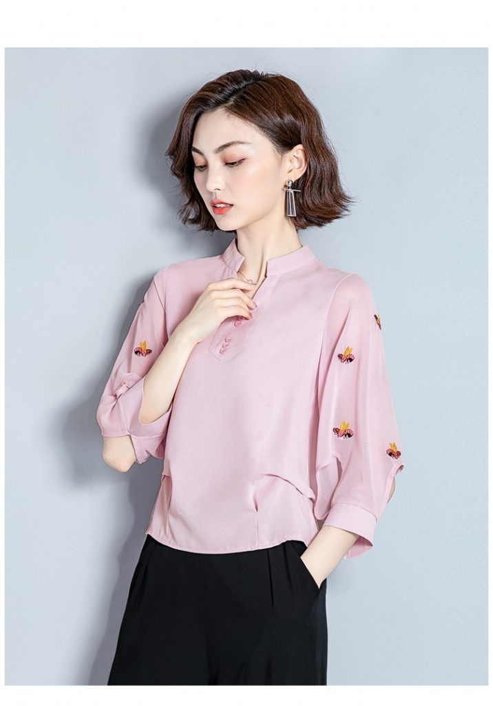 Áo sơmi lụa cổ tàu tay thêu - Ảnh 9
