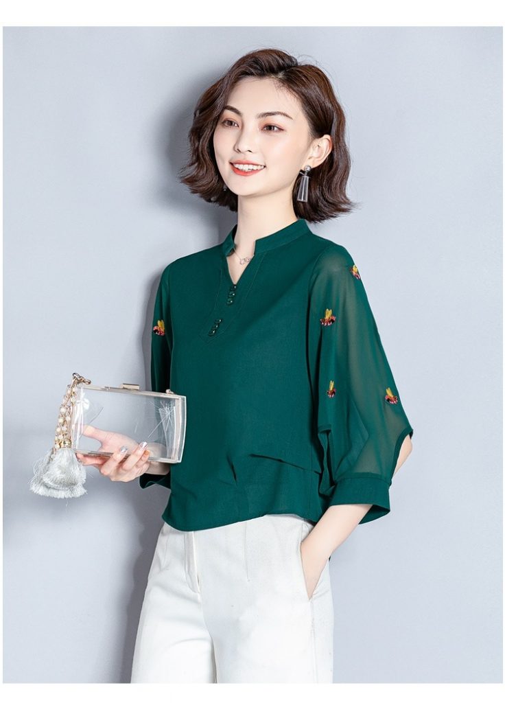 Áo sơmi lụa cổ tàu tay thêu - Ảnh 4