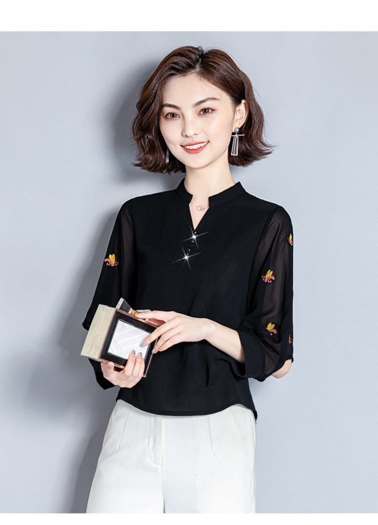 Áo sơmi lụa cổ tàu tay thêu - Ảnh 13
