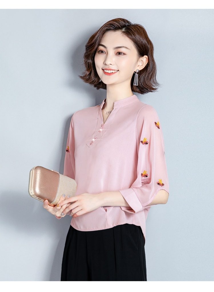 Áo sơmi lụa cổ tàu tay thêu - Ảnh 5