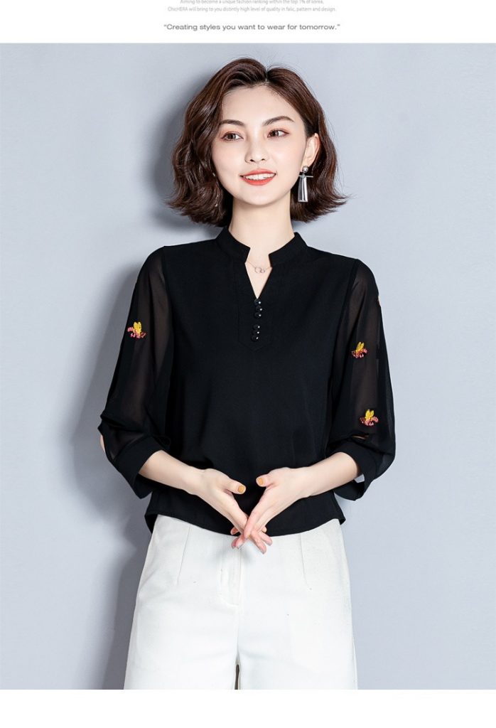 Áo sơmi lụa cổ tàu tay thêu - Ảnh 10