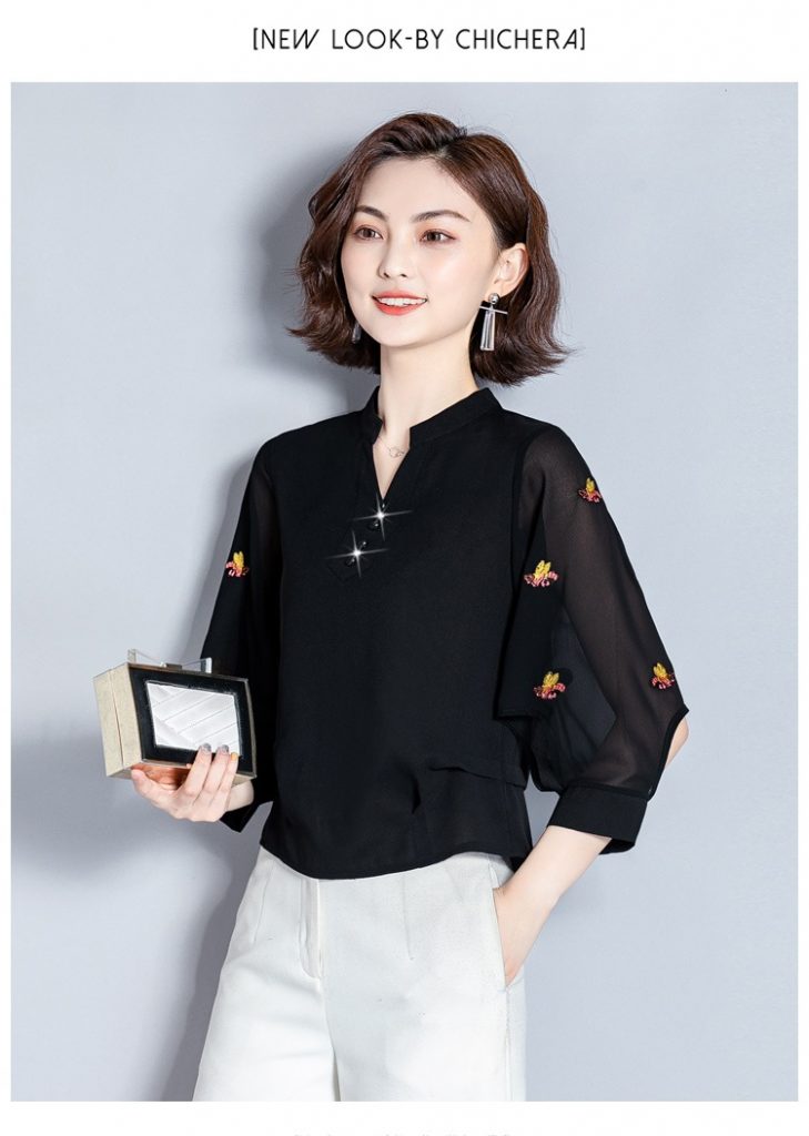 Áo sơmi lụa cổ tàu tay thêu - Ảnh 11