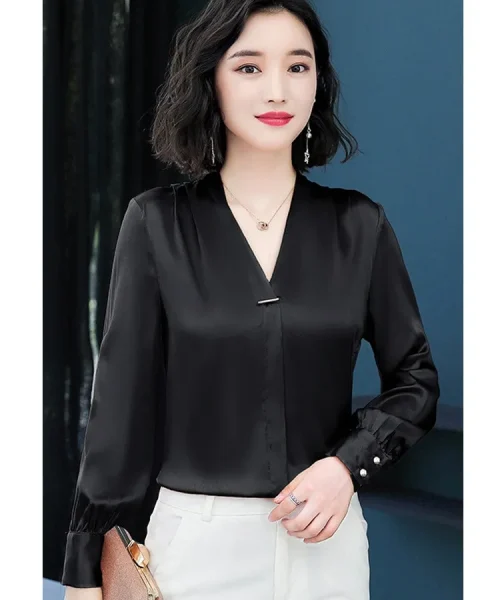 Áo sơ mi cổ chữ V vải lụa dài tay