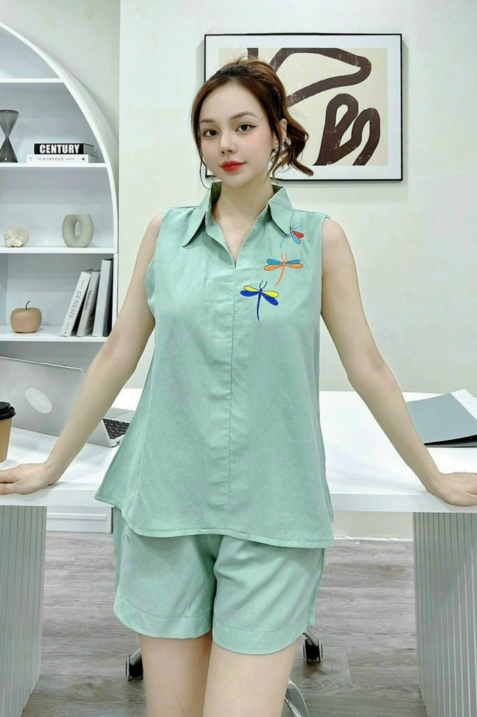 Bộ đùi sơ mi thêu chuồn chuồn - Ảnh 4