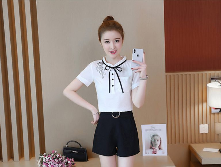Áo sơ mi sọc họa tiết thêu hoa phối nơ - Ảnh 12