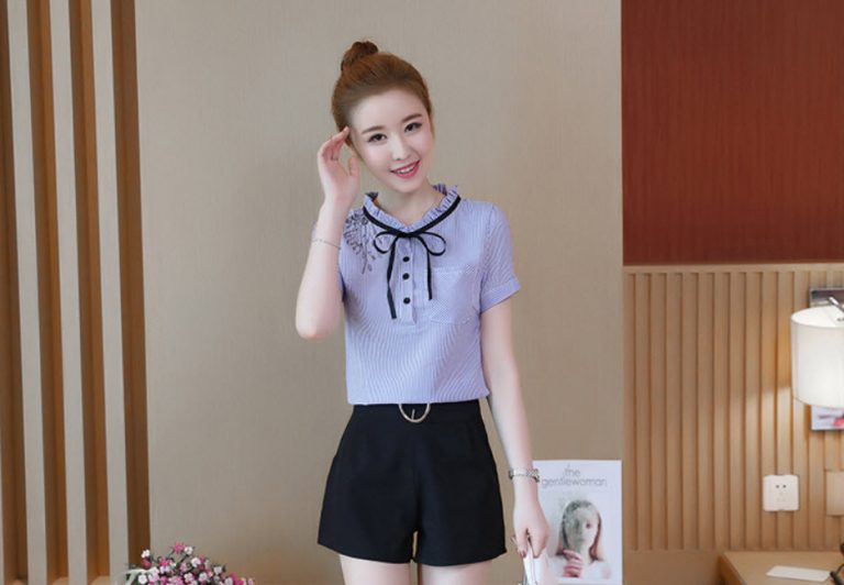 Áo sơ mi sọc họa tiết thêu hoa phối nơ - Ảnh 7
