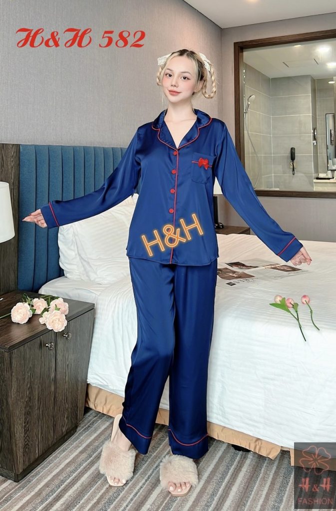 Bộ pijama lụa latin quần dài tay dài nơ - Ảnh 5