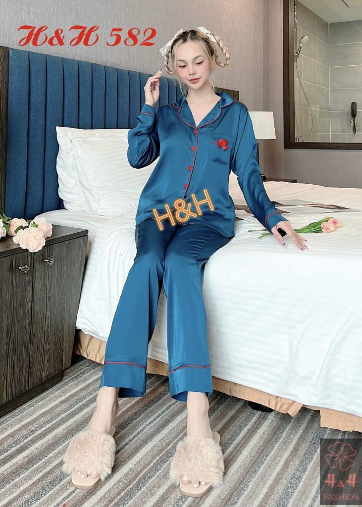 Bộ pijama lụa latin quần dài tay dài nơ - Ảnh 4
