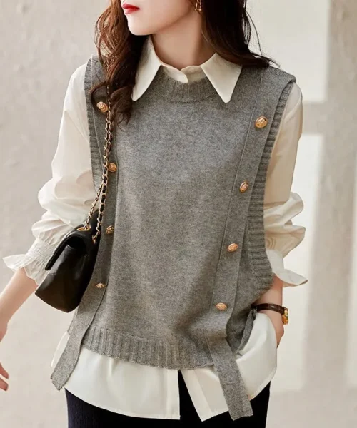 Áo gile len cổ tròn kiểu dây nút