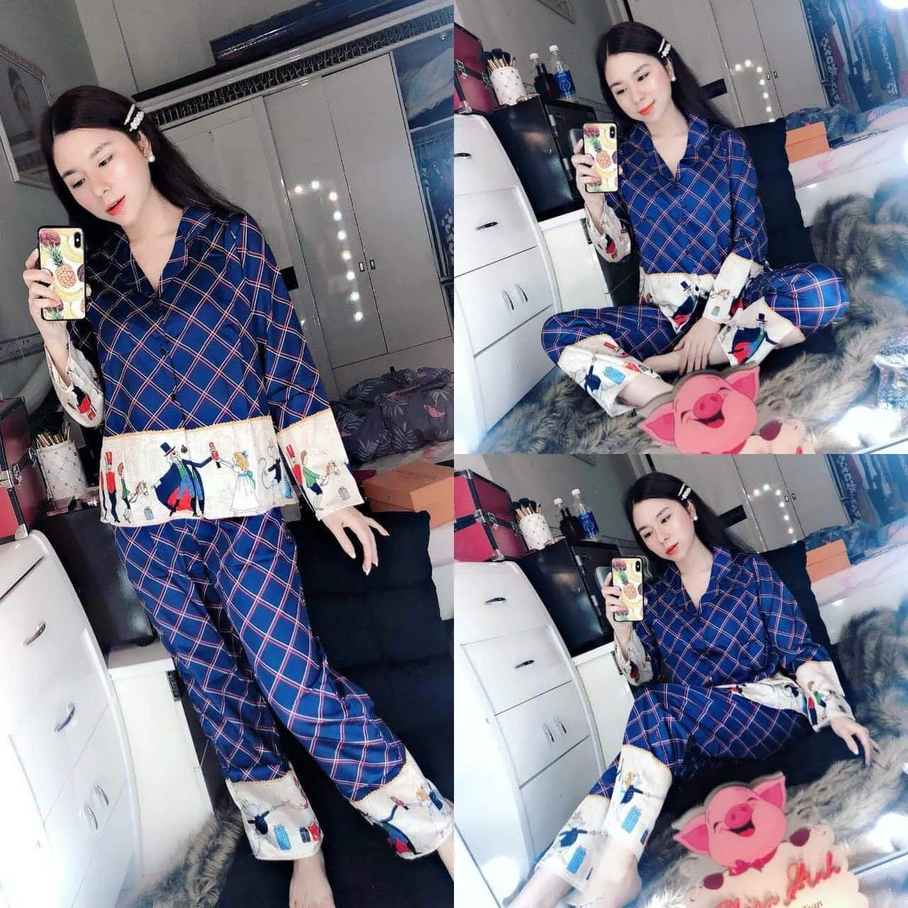 Bộ đồ mặc ở nhà pizama lụa cao cấp kiểu dài tay