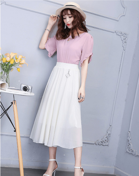 chân váy dài phối áo blouse