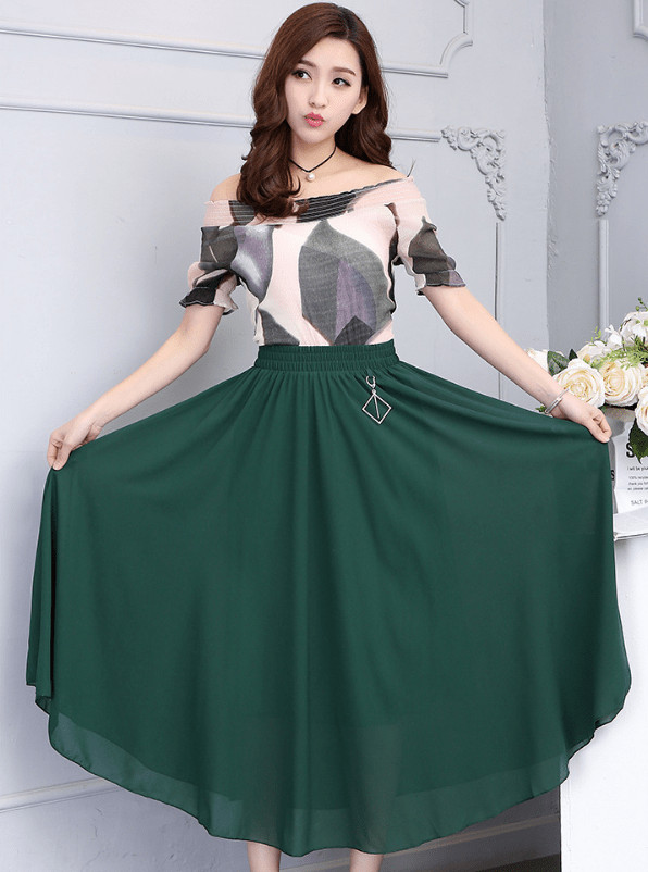 chân váy dài phối áo trễ vai