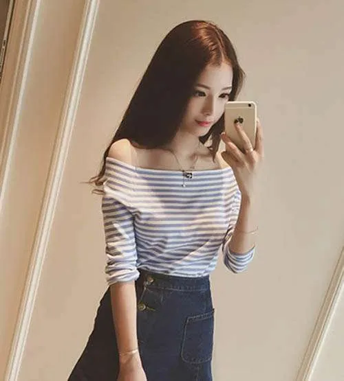 cach-phoi-do-cho-nguoi-chan-to-chan-vay-chu-a cách phối đồ cho người chân to với áo trễ vai và chân váy chữ a