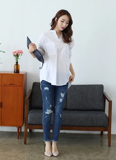 cach20phoi20ao20so20mi20co20tru20voi20quan20jean20nu cách phối áo sơ mi cổ trụ với quần jean nữ