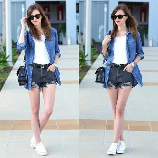 cách phối áo sơ mi jean nữ làm áo khoác