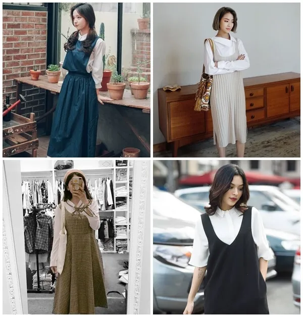 cách phối đồ với áo sơ mi trắng nữ điệu đà cùng đầm yếm