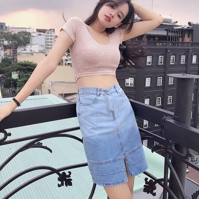 váy bò với áo croptop