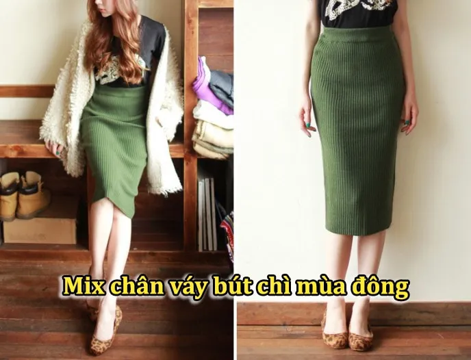 mix chân váy bút chì mùa đông