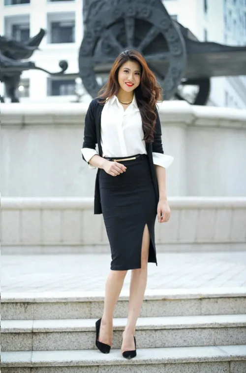mix chân váy bút chì mùa đông với áo cardigan