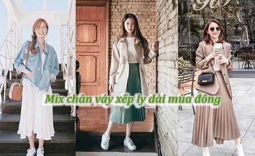 mix chân váy xếp ly dài mùa đông