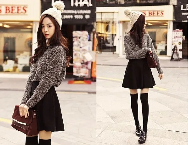 mix đồ mùa đông với chân váy xòe