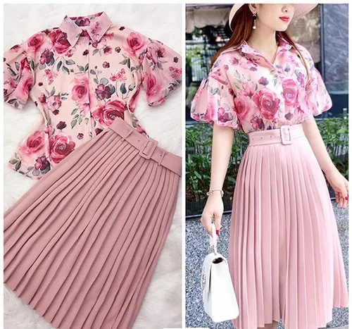 quan-mau-hong-ket-hop-ao-mau-hoa-tiet quần màu hồng kết hợp áo hoạ tiết