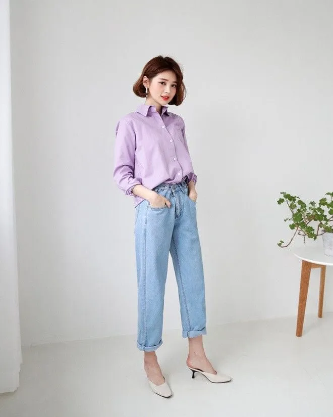 quần xanh dương mặc với áo màu tím