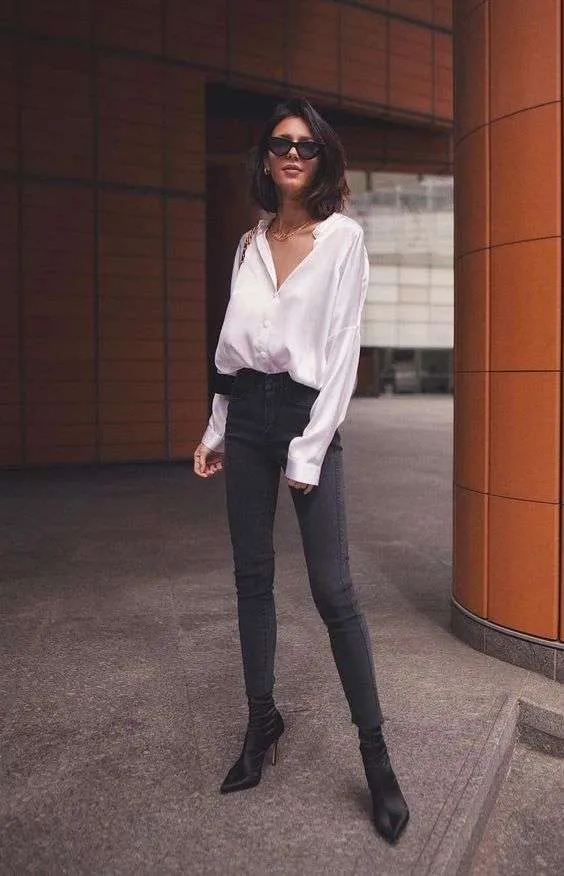 quần skinny mix với áo sơ mi