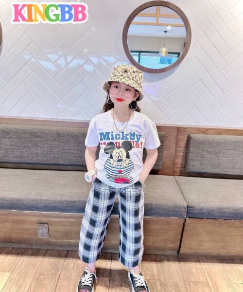 Bộ quần dài tay ngắn caro bé gái
