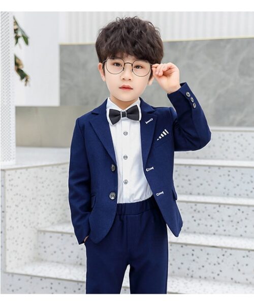 Bộ vest bé trai - Bộ vest 2 món xanh đâm trơn phối nơ sọc
