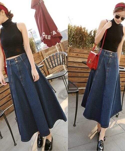 Chân váy jeans chữ A dáng dài lưng cao