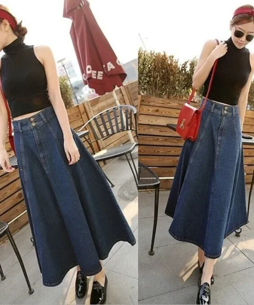 Chân váy jeans chữ A dáng dài lưng cao