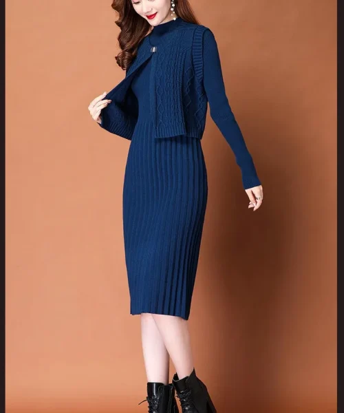 Set đầm len suông phối khoác gile 1 nút