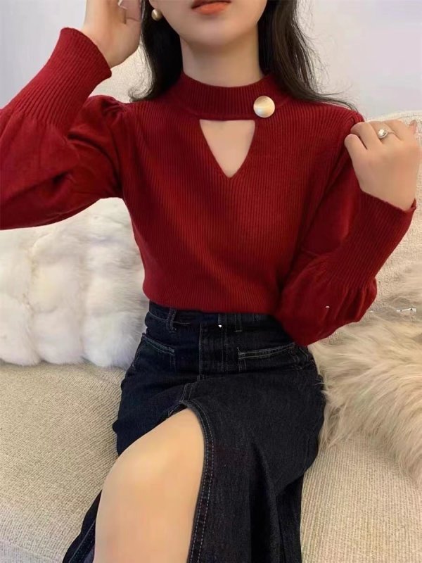 Áo len tay bồng cổ tim đính nút - Ảnh 8