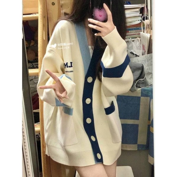 Áo Khoác len cardigan phối viền cổ thêu chữ FRLMK - Ảnh 3