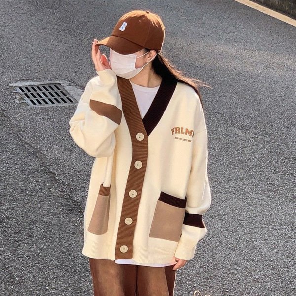Áo Khoác len cardigan phối viền cổ thêu chữ FRLMK - Ảnh 4