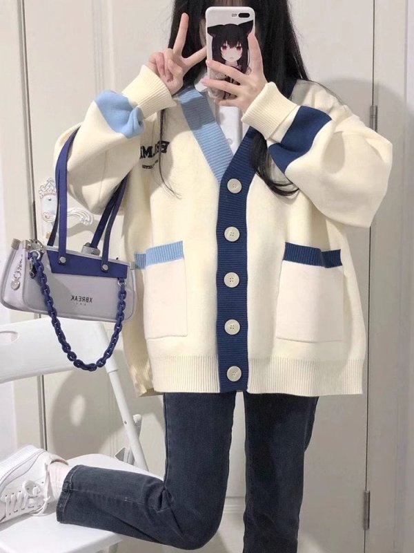 Áo Khoác len cardigan phối viền cổ thêu chữ FRLMK - Ảnh 6