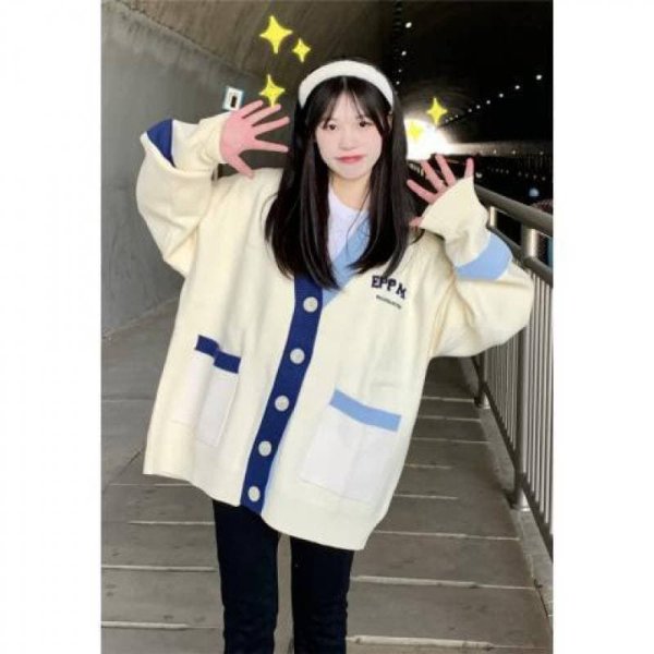 Áo Khoác len cardigan phối viền cổ thêu chữ FRLMK - Ảnh 9