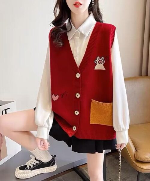 Áo gile len form rộng phối túi