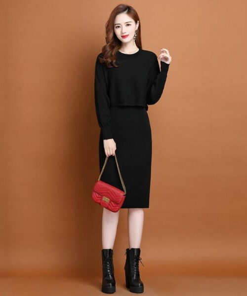 Set đầm len 2 món phối áo croptop