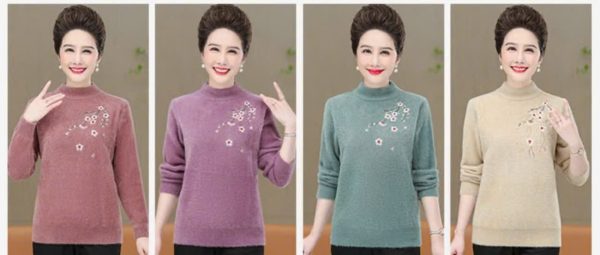 Áo len cổ 3 phân họa tiết cành đào