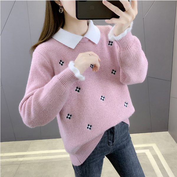 Áo len cổ sơ mi thêu hoa - Ảnh 6