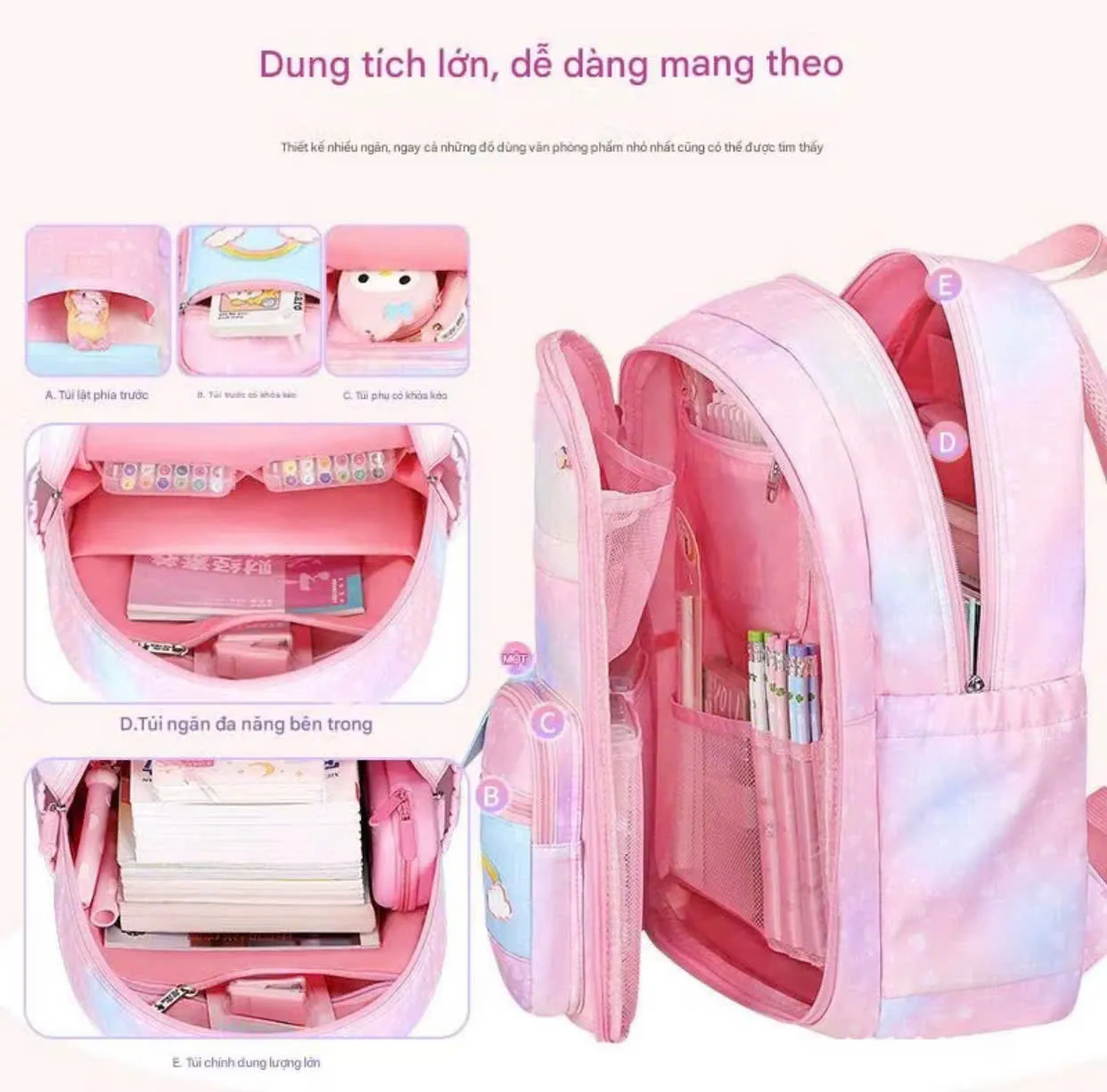 Balo học sinh cấp 1, cấp 2 - Cặp đi học cho bé, chống gù lưng, chống thấm hình cầu vồng đáng yêu - Mẫu 5 - Danangsale (Sao chép) - Ảnh 4