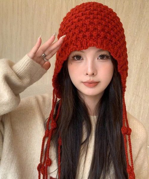 Mũ len nữ - Mẫu 5 - Mũ len dệt kim phối dây tua rua - Danangsale