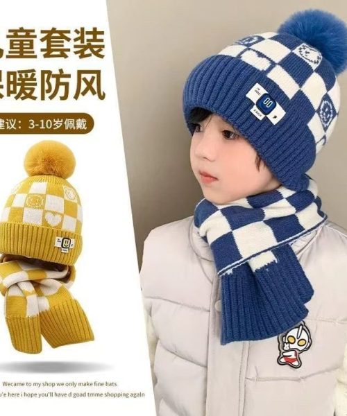 Set mũ len 2 món - mũ len + choàng cổ caro