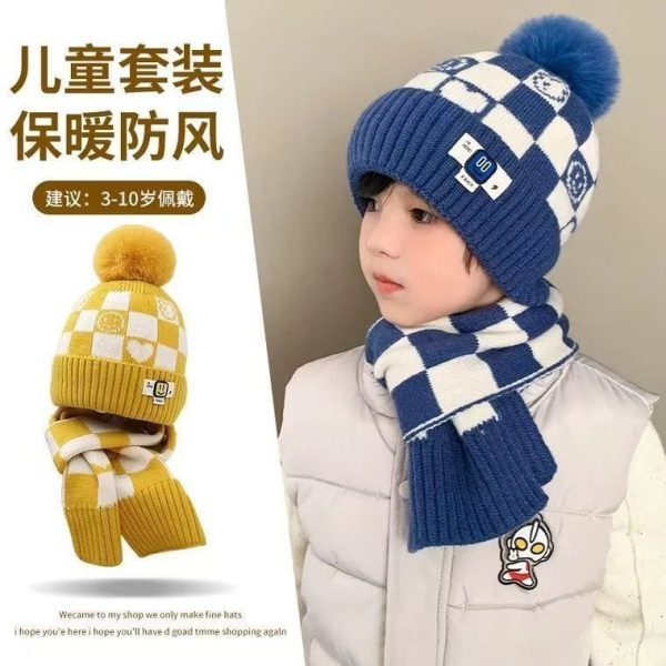 Set mũ len 2 món - mũ len + choàng cổ caro