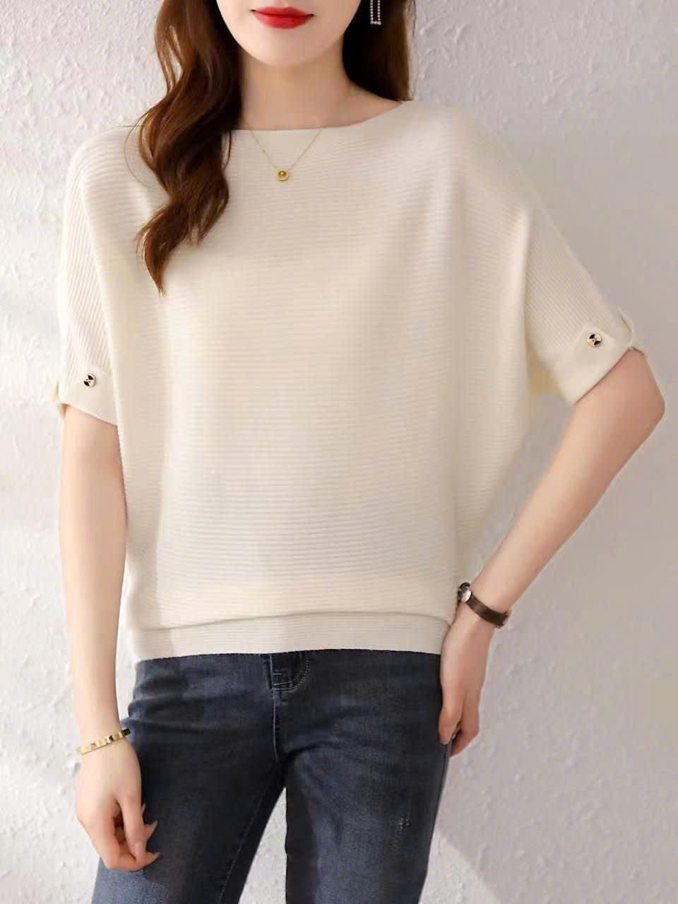 Áo len cánh dơi tay ngắn phối nút - Áo quần thu đông đẹp - Ảnh 6