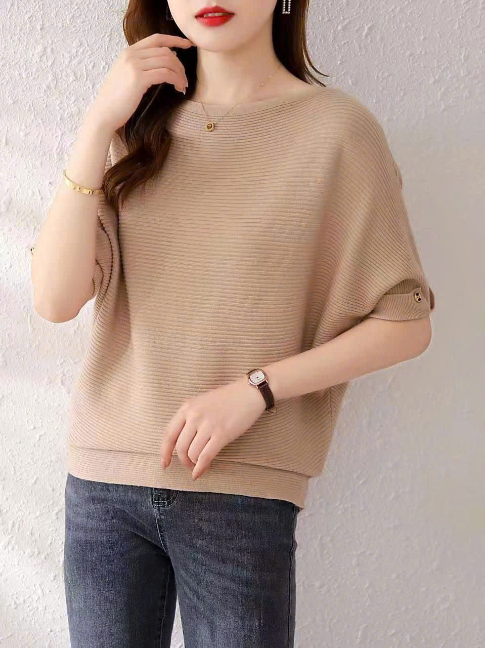 Áo len cánh dơi tay ngắn phối nút - Áo quần thu đông đẹp - Ảnh 5